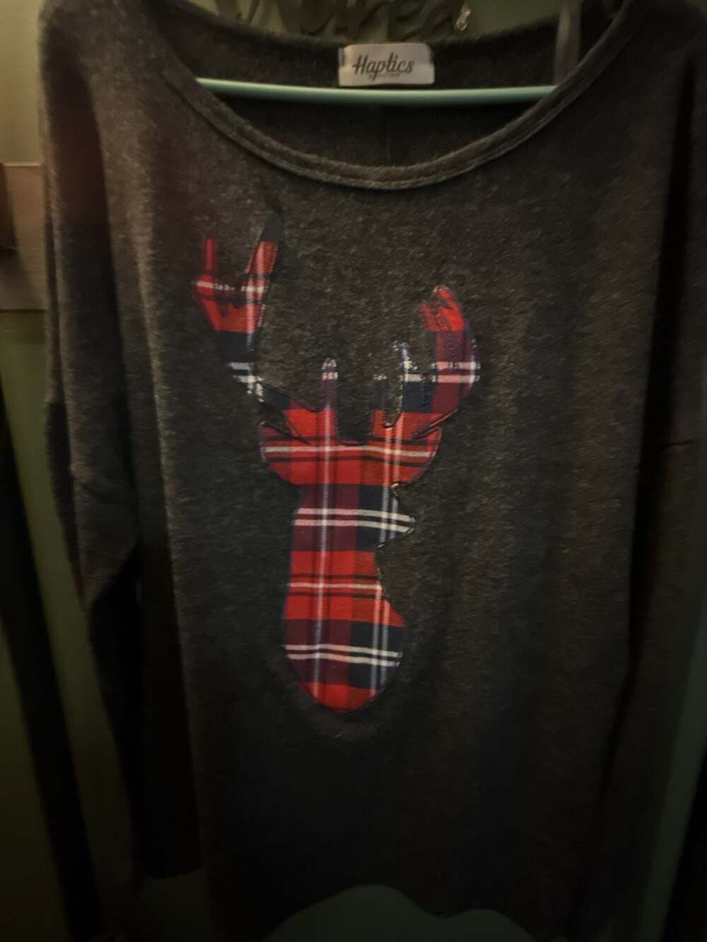 Haptics Plaid Reindeer Sweater Charcoal Gray
